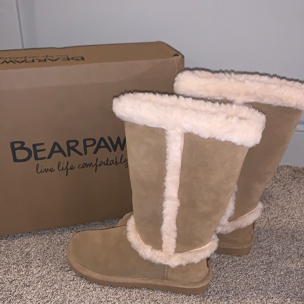 BearPaw Tall Winter Boots in Tan with Cream Shearling Trim